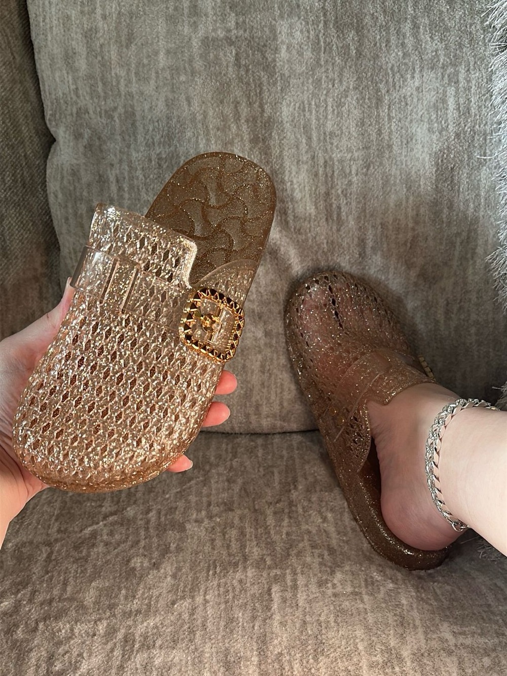 Jelly Gold Glitter Slip-On Mule with Decorative Buckle Women’s Sizes 6, 7, 8